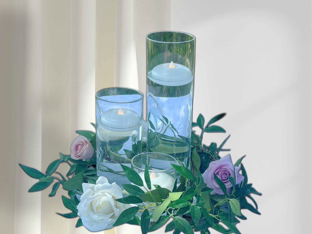 Glass Hurricane Trio + Ivory Flameless Floating Candles| Add-On Only