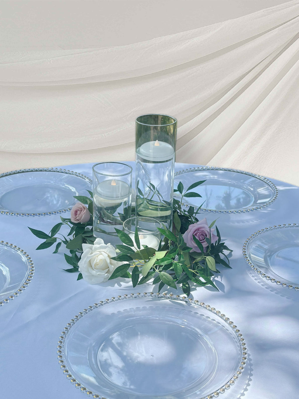 Glass Hurricane Trio + Ivory Flameless Floating Candles| Add-On Only